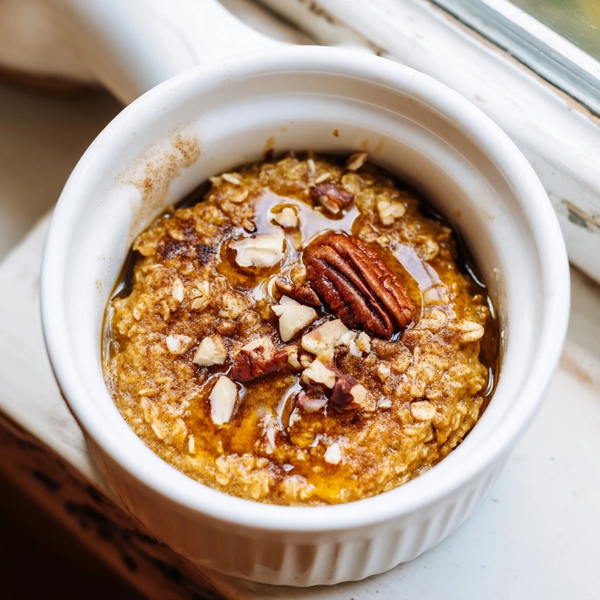 Warm, spiced Pumpkin Spice Baked Oats topped with pecans, ready to enjoy alongside a coffee.