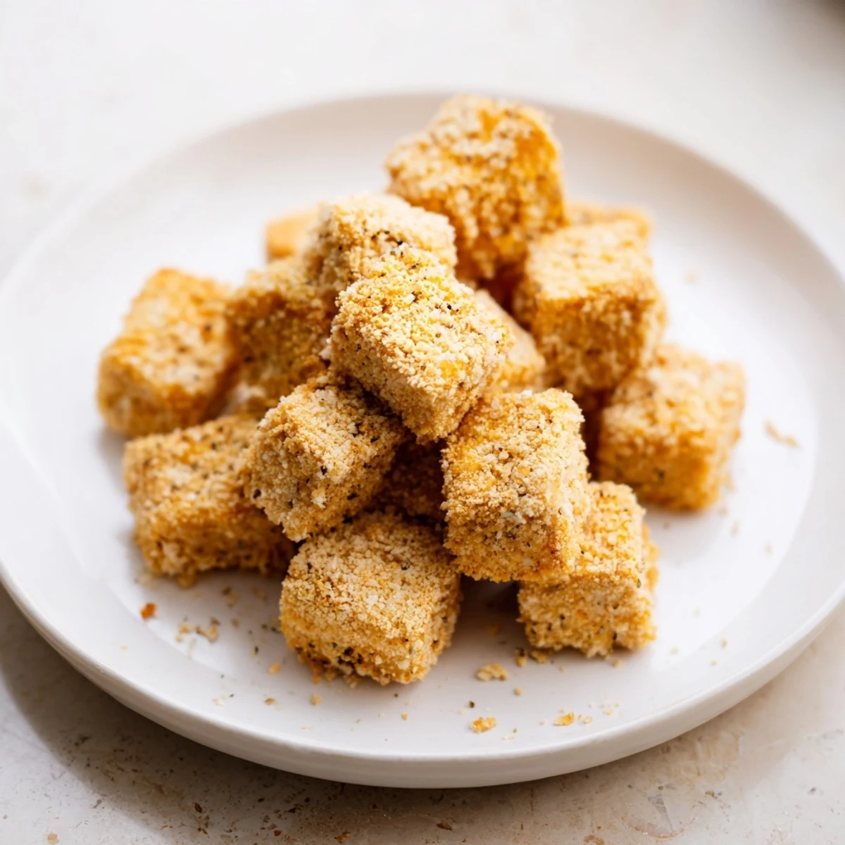 Golden-brown crispy tofu nuggets ready to be dipped, perfect for a satisfying plant-based snack.