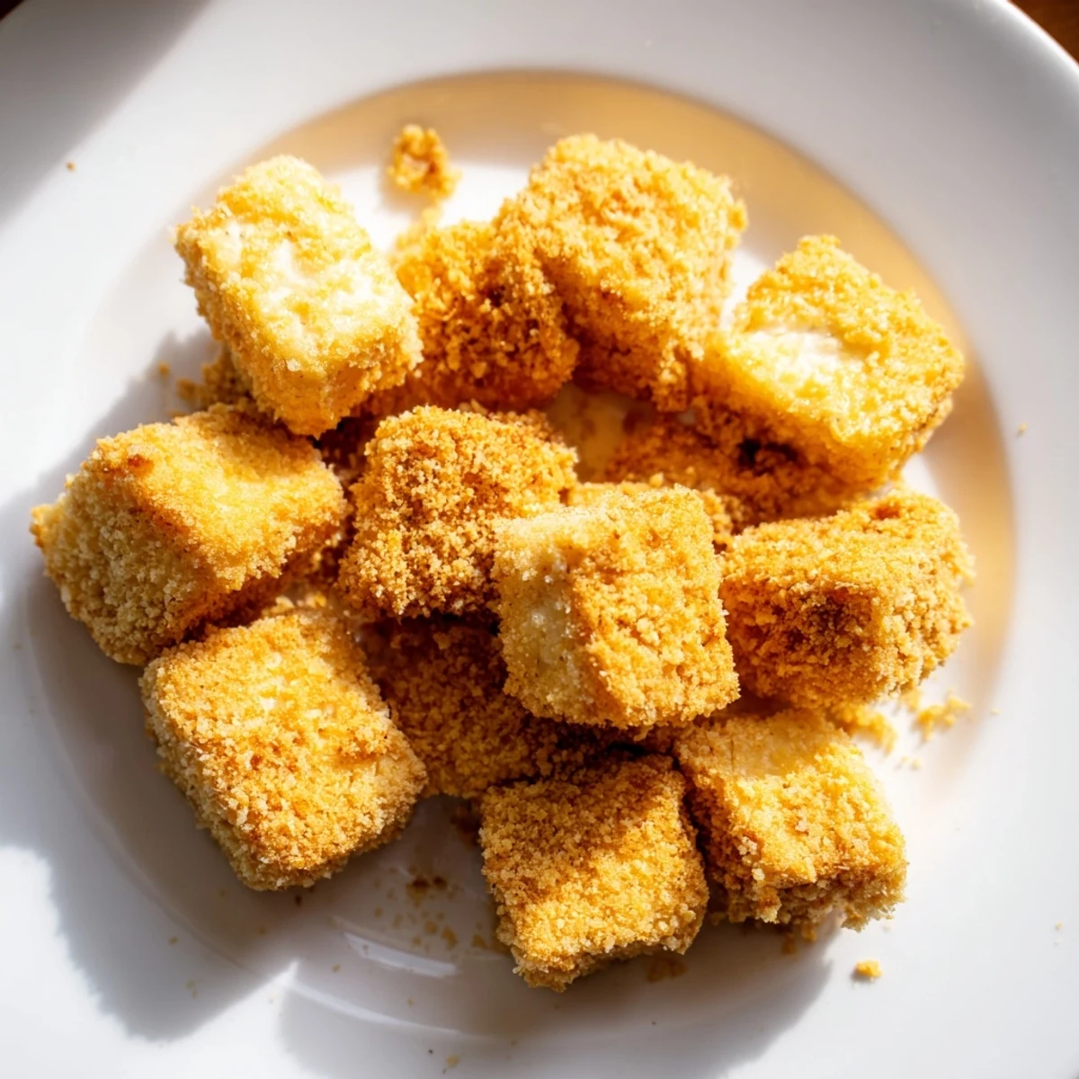 A close-up of freshly fried crispy tofu nuggets showing the delightful, crunchy breadcrumb coating.