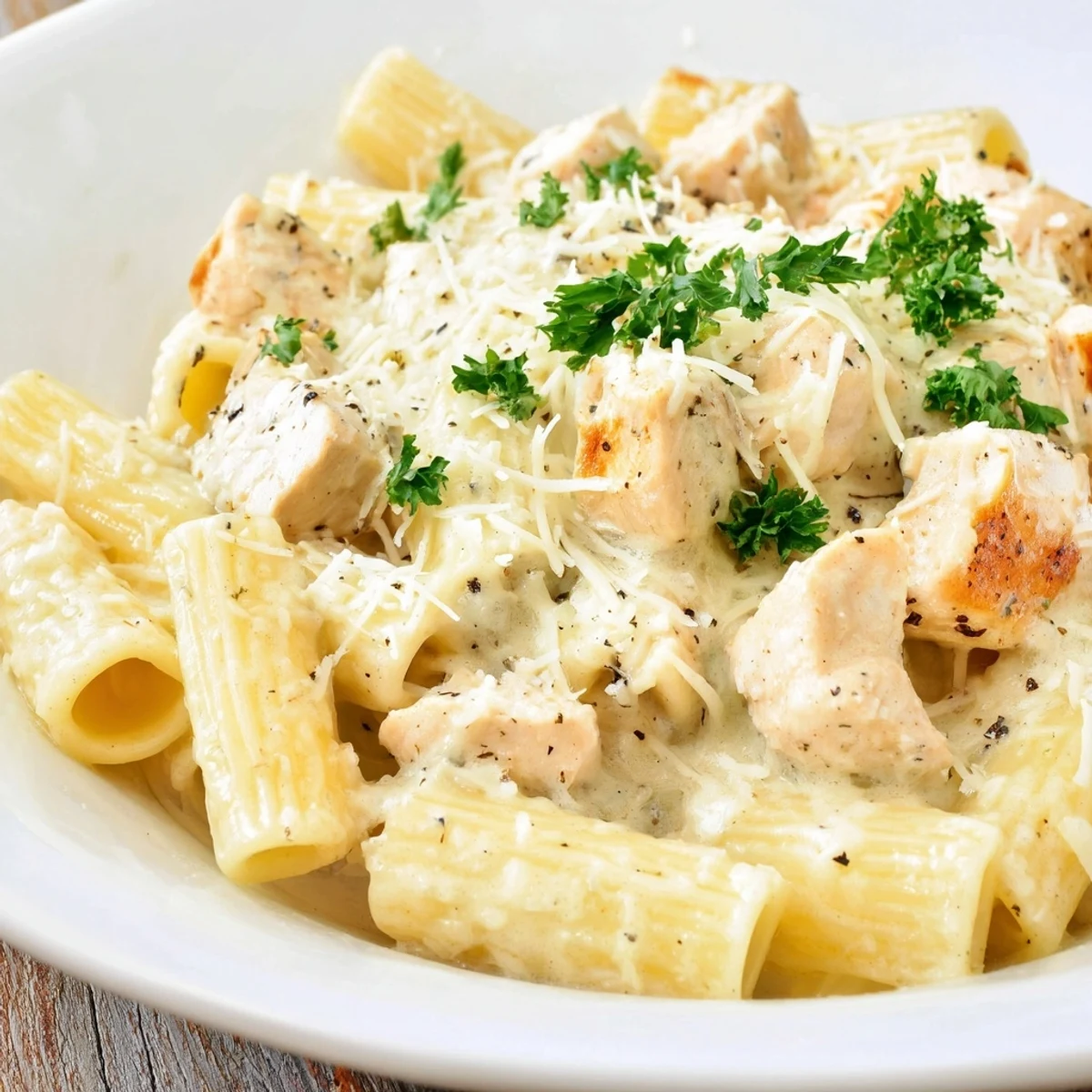 Golden, bubbling Chicken Alfredo Bake with cheesy topping showcasing a comforting family meal.