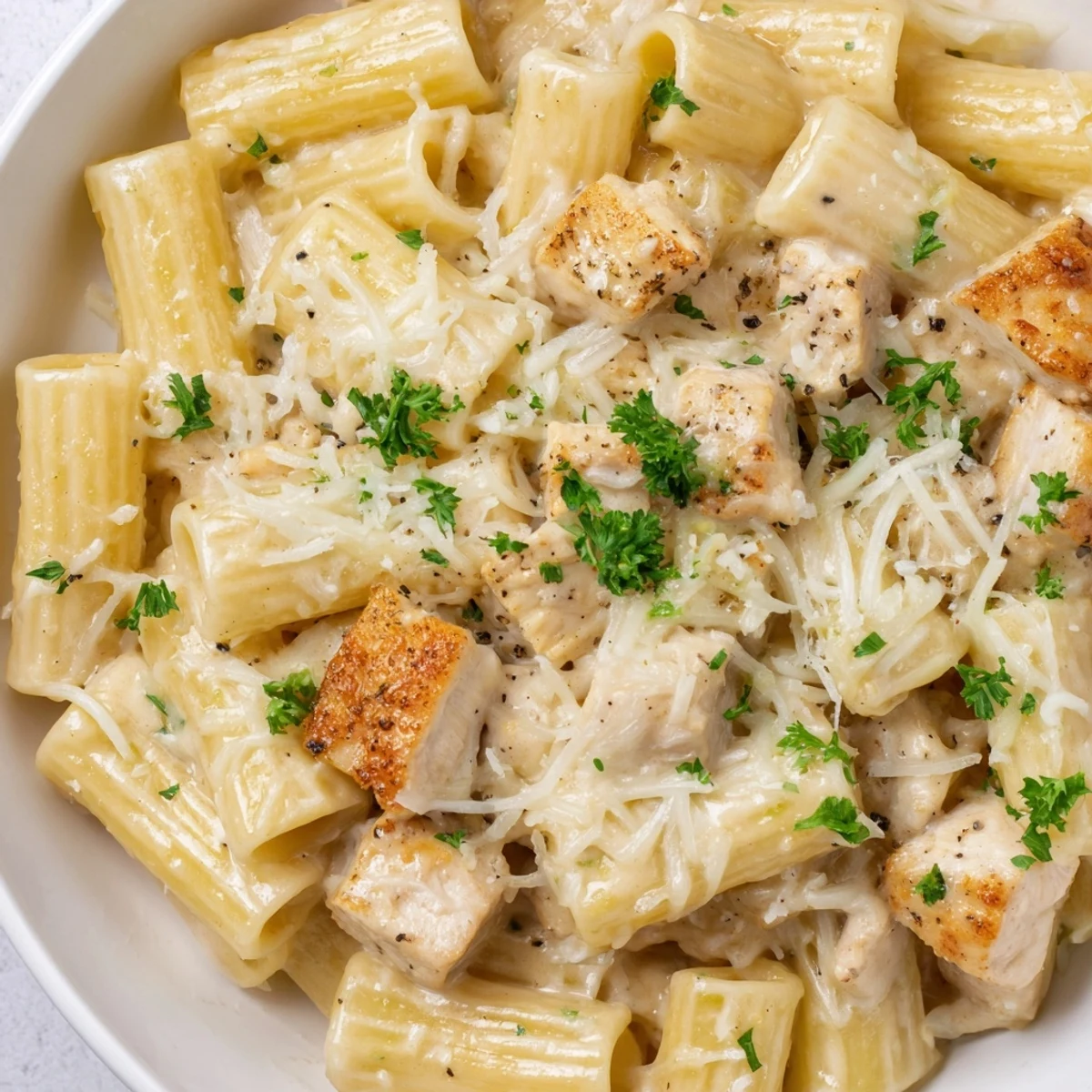 A close-up of a creamy Chicken Alfredo Bake, showing the melty cheese topping over pasta.