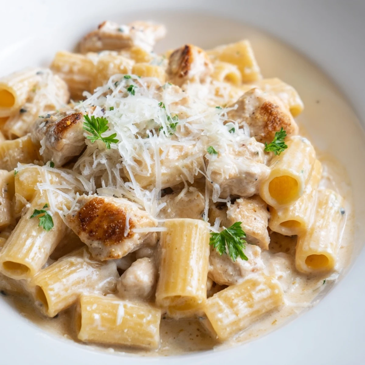 Steaming hot Chicken Alfredo Bake fresh from the oven, ready to serve with parsley flakes.