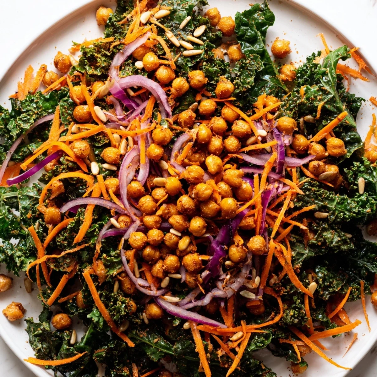 A close-up of vibrant Kale Salad with Roasted Chickpeas, a healthy, flavorful vegan dish.