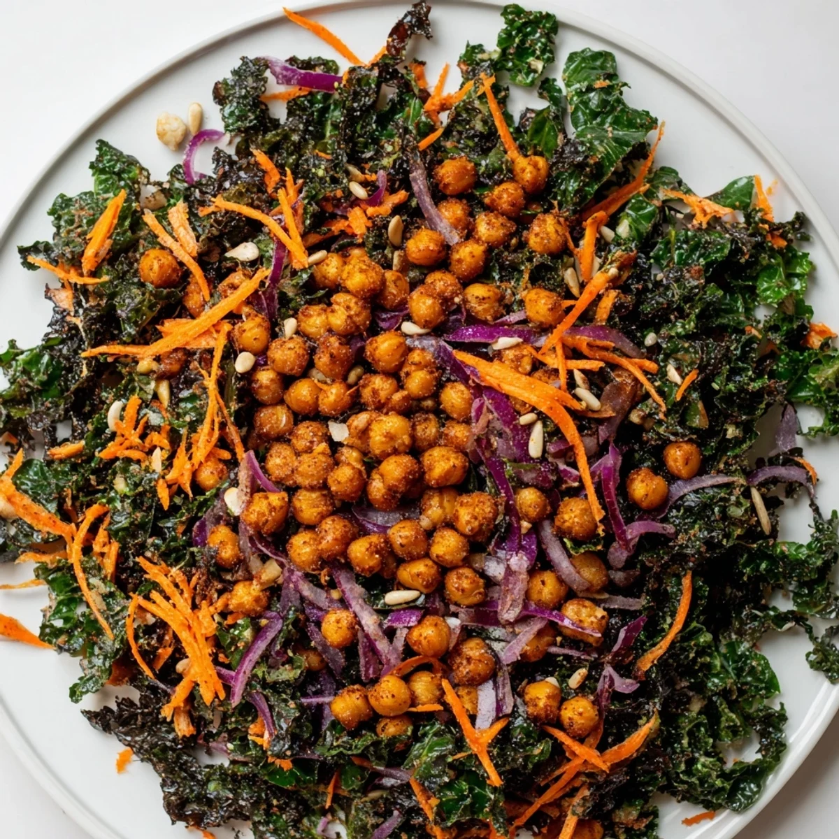 Hearty Kale Salad with Roasted Chickpeas boasting crispy chickpeas atop a bed of fresh, bright greens.
