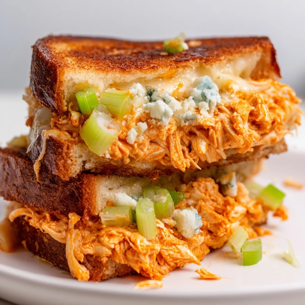 Golden, melted Buffalo Chicken Grilled Cheese, overflowing with cheese and spicy chicken, ready to eat.