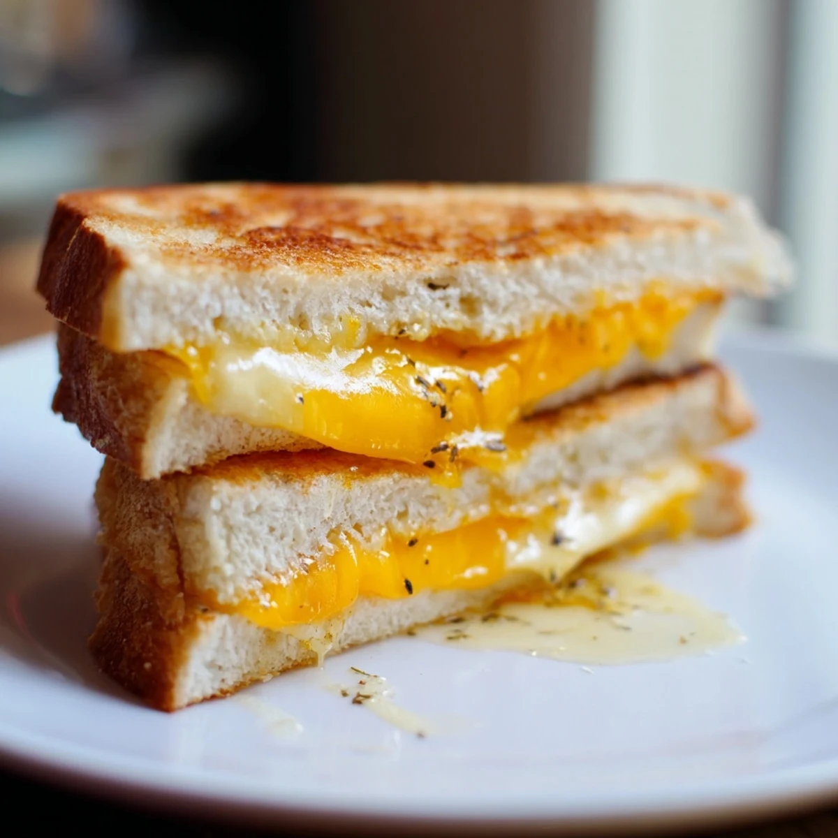 Golden crispy truffle oil grilled cheese with oozing cheddar, a decadent lunch choice.