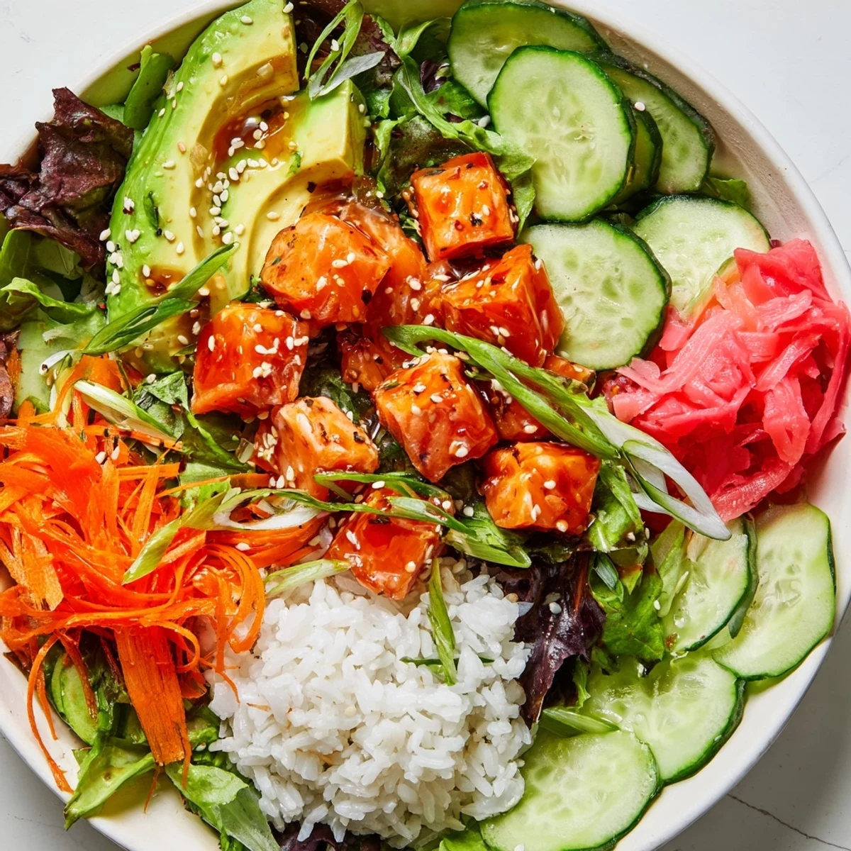 Fresh poke bowl salad with glistening cubes of marinated tuna over vibrant salad greens.
