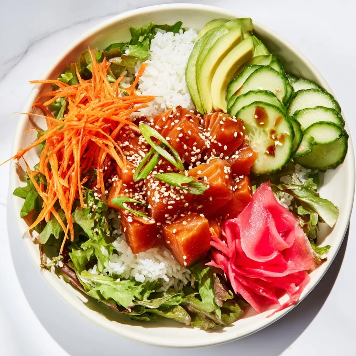 Enjoy a delicious and colorful poke bowl salad recipe featuring fresh, marinated seafood.