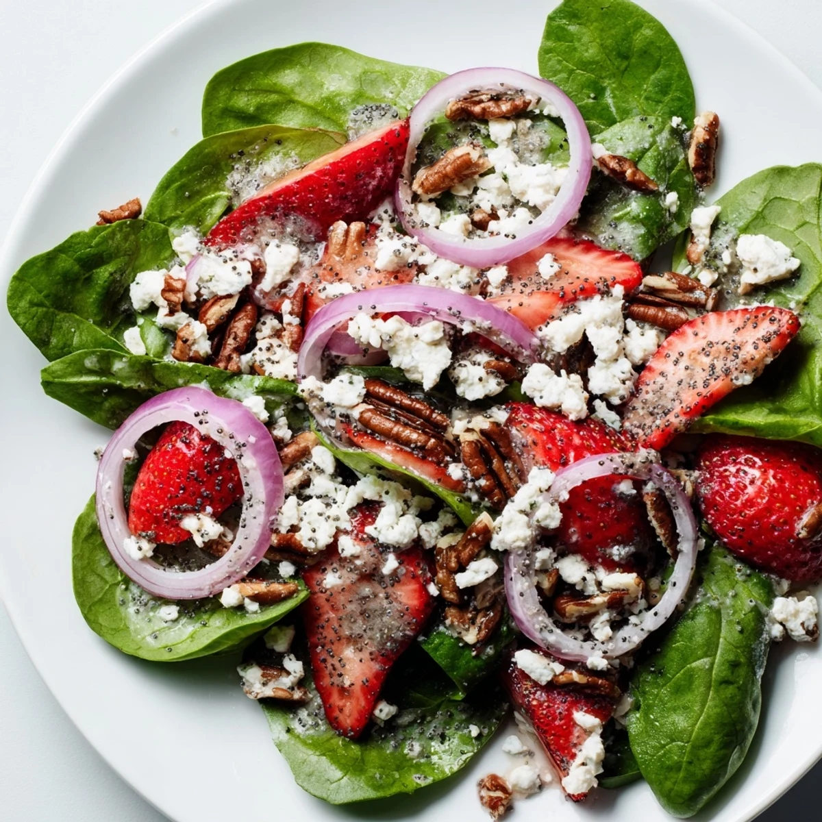 Vibrant Spinach Strawberry Salad with glistening strawberries, ready for a refreshing bite.