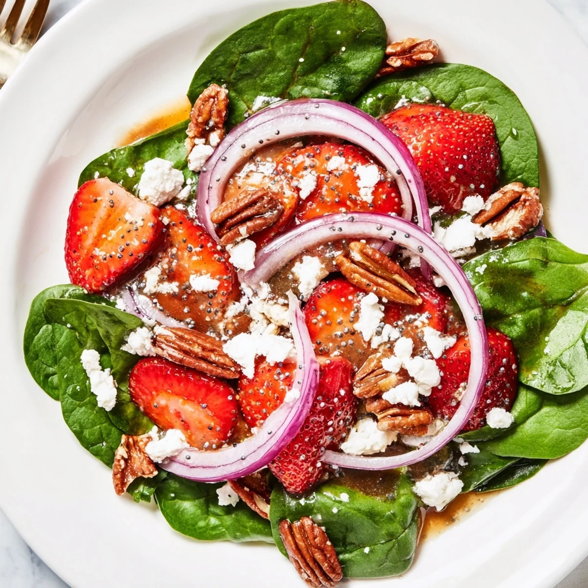 Fresh Spinach Strawberry Salad, a summer delight featuring crisp spinach and a luscious, textured dressing.