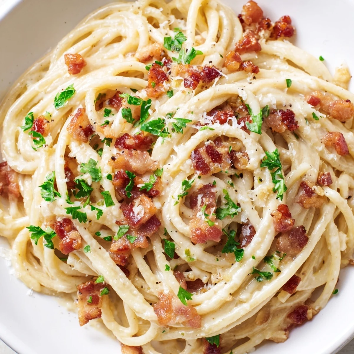 Golden, crispy bacon bits adorn creamy garlic bacon pasta, ready for a delicious Italian-inspired meal.