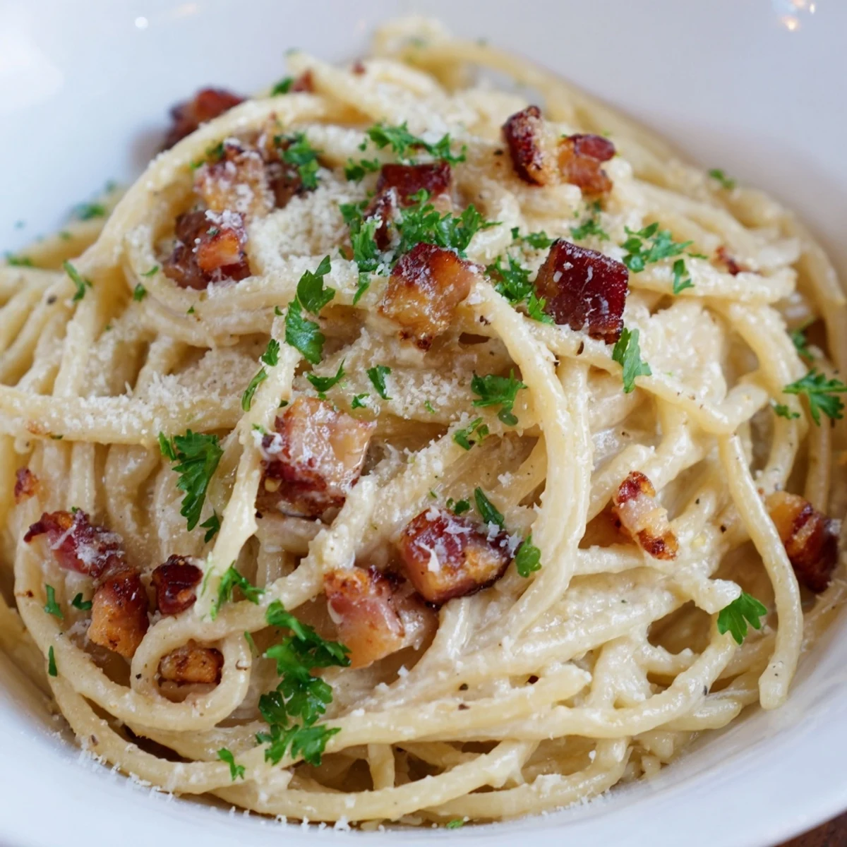 Fresh parsley tops this creamy garlic bacon pasta with inviting aromas of garlic and crispy bacon.