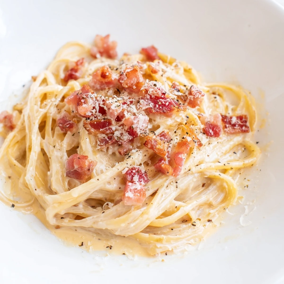 Golden bacon bits and perfectly cooked Express Spaghetti Carbonara ready to be enjoyed with extra cheese.