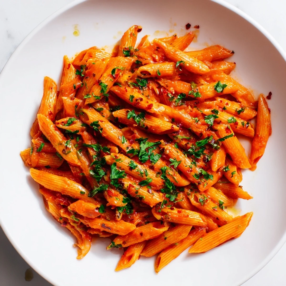Steaming hot Penne all'Arrabbiata with a vibrant red sauce, seasoned with garlic and chili flakes.