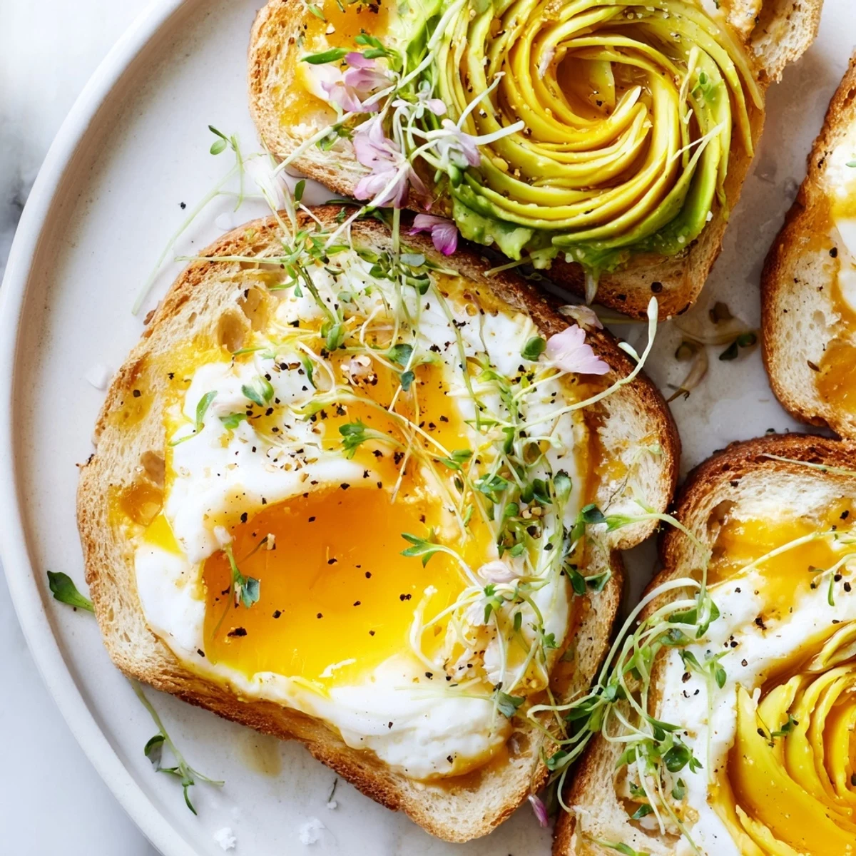 Fluffy baked egg cloud toast, topped with avocado roses, prepared for a vibrant breakfast.