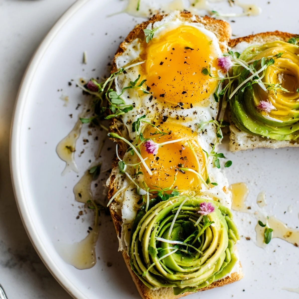 Golden Cloud Toast 2.0 displays soft egg whites with a drizzle of honey and fresh microgreens.