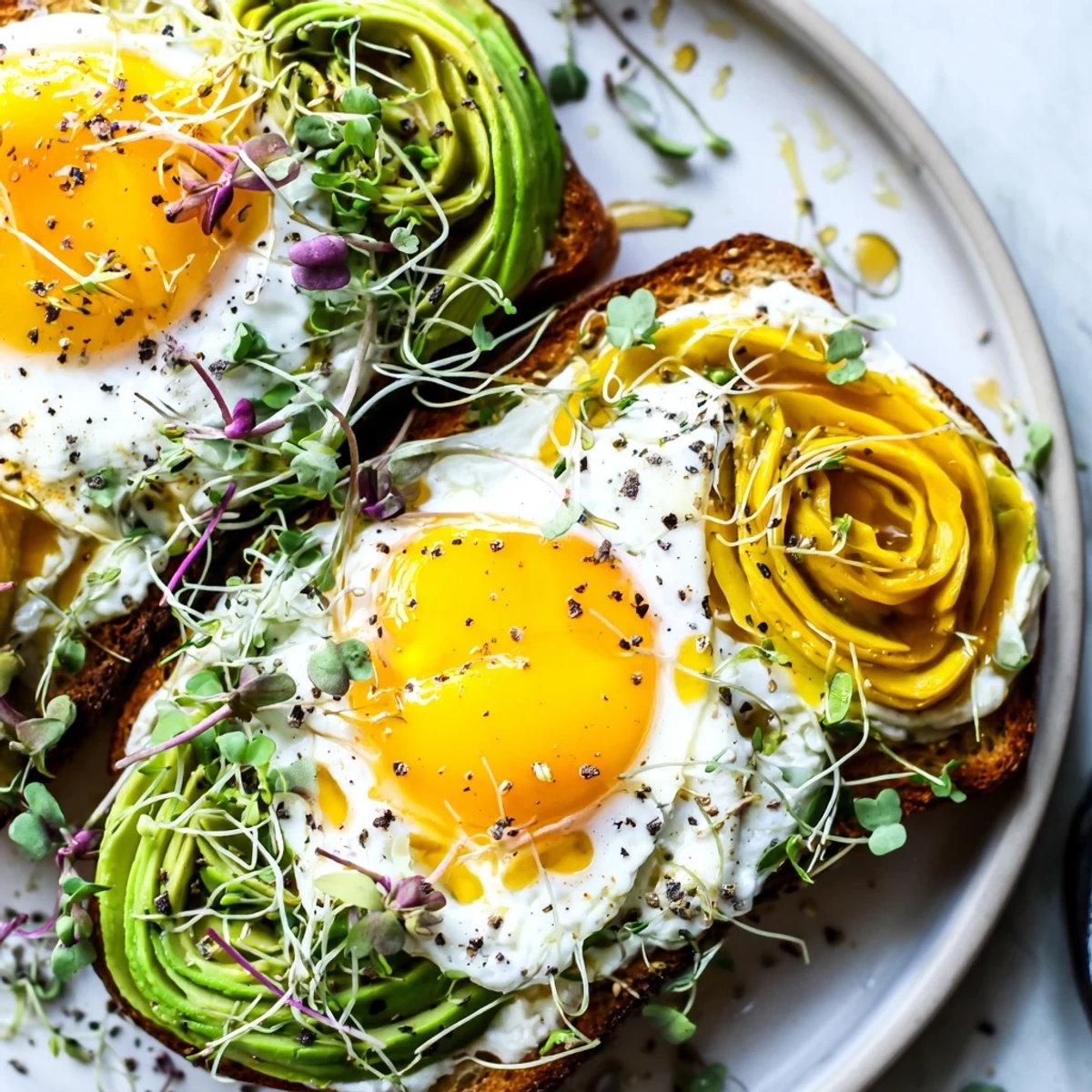 Close-up of Cloud Toast 2.0 with creamy avocado and perfectly baked egg yolk, a delicious recipe.