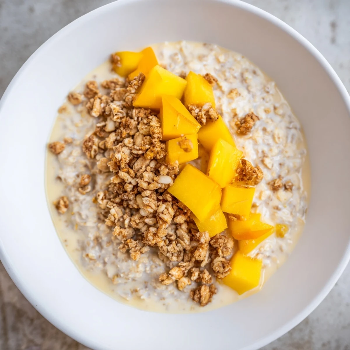 Smooth and creamy Mango Blended Overnight Oats are garnished with fresh mango for a vibrant breakfast.
