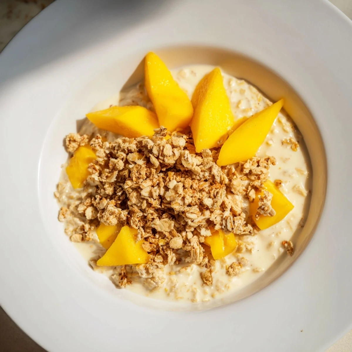 A close-up of chilled Mango Blended Overnight Oats: creamy, blended, and topped with crunchy granola for breakfast.
