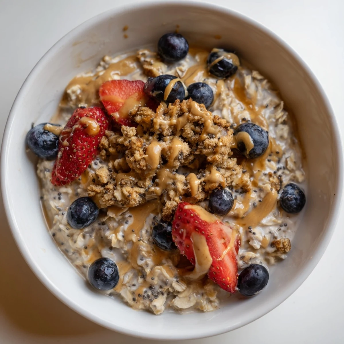Creamy overnight oats gourmet makeover with nut butter swirl and fresh berries for breakfast.