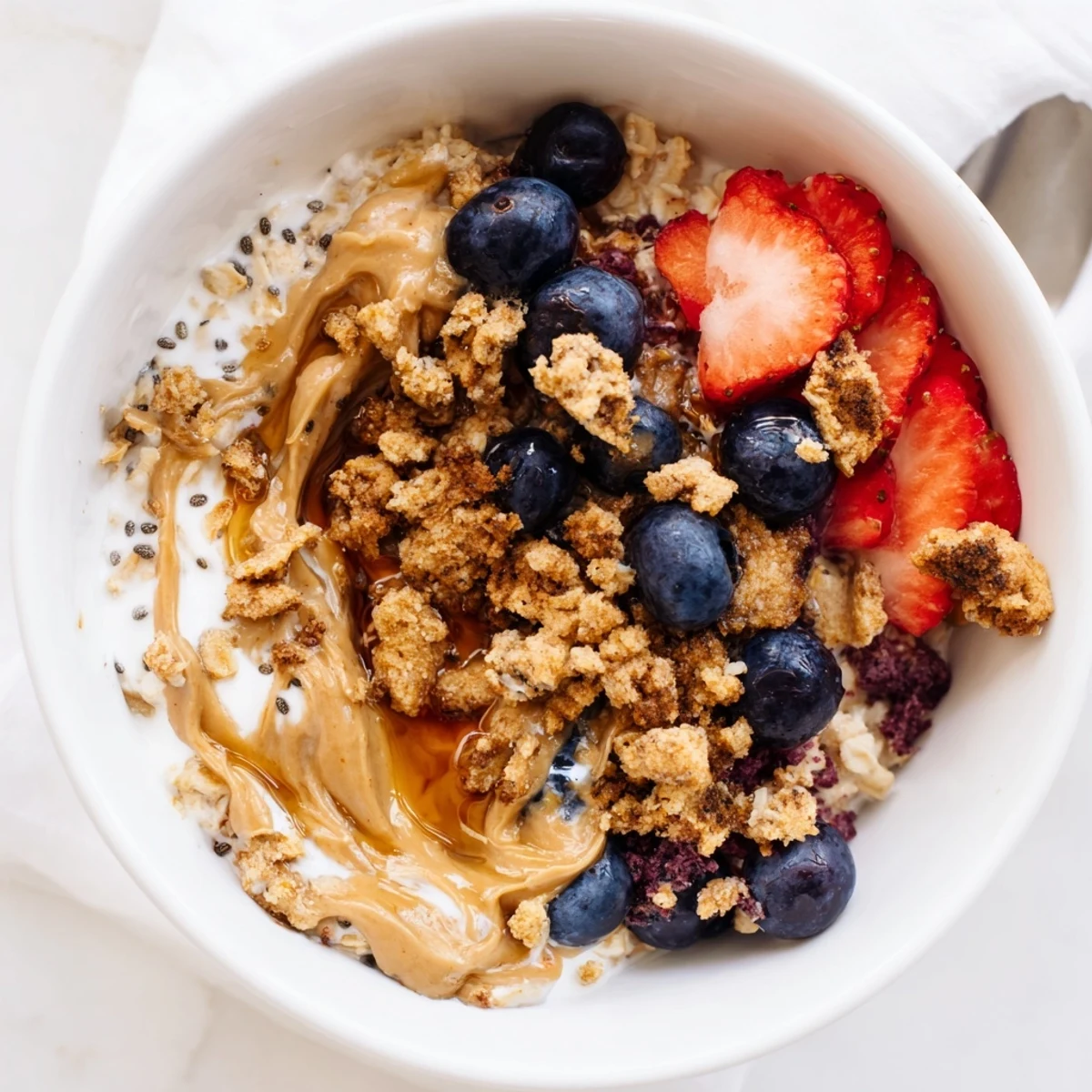 Beautiful close-up of overnight oats gourmet makeover, showcasing cookie crumbles and creamy texture.