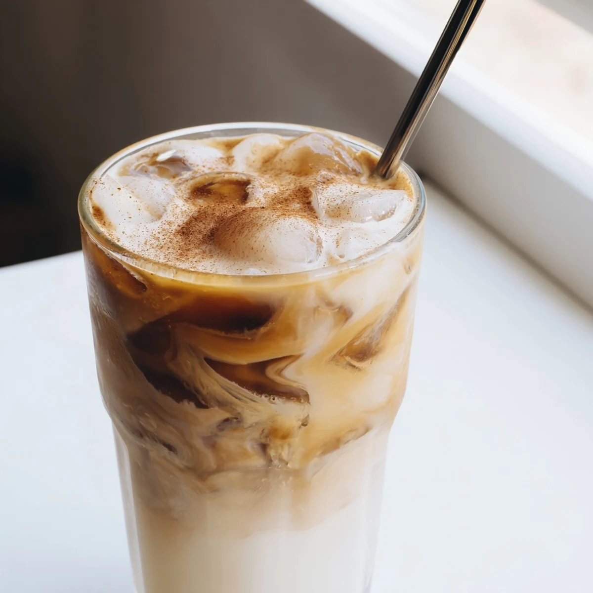 A vibrant close-up of the Proffee Power Blend, ready to enjoy, with a dusting of cocoa on top.