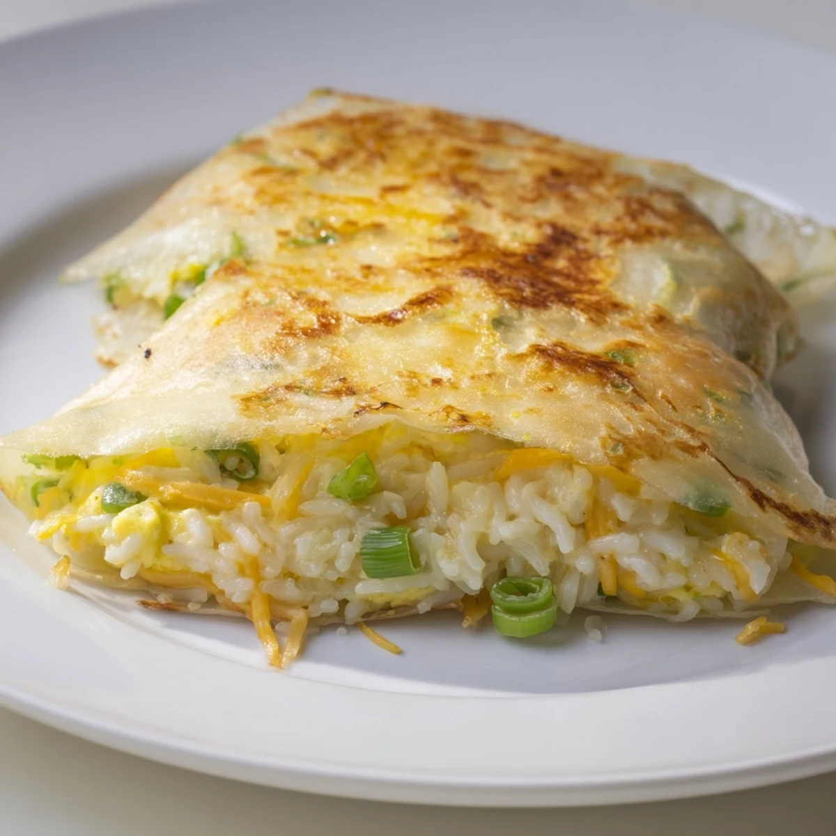 Crispy Rice Paper Egg & Cheese Fold, with melted cheese oozing from the golden edges, ready to eat.