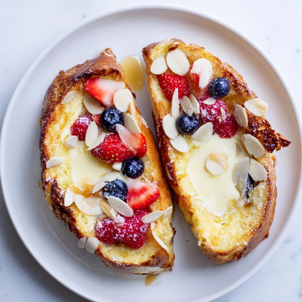 Golden, baked Custard Toast with glistening berries offers a beautiful, comforting breakfast visually.