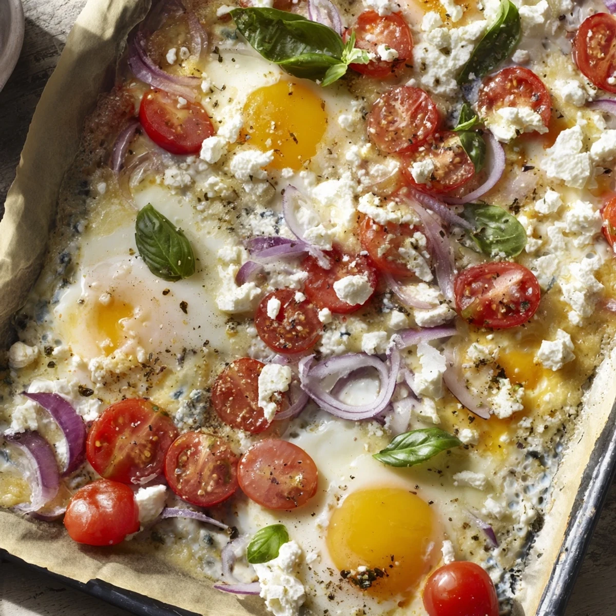 Bright red tomatoes and creamy feta baked eggs on a sheet pan, a delightful brunch.