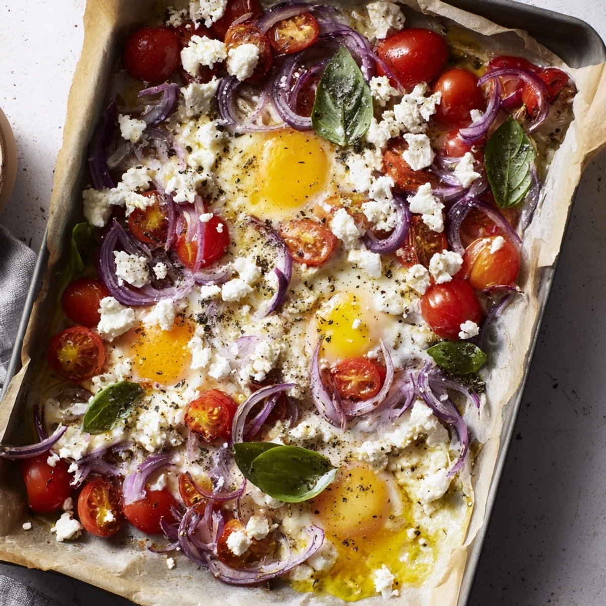 Sheet pan of Tomato Feta Baked Eggs with runny yolks and fresh basil, ready to eat.