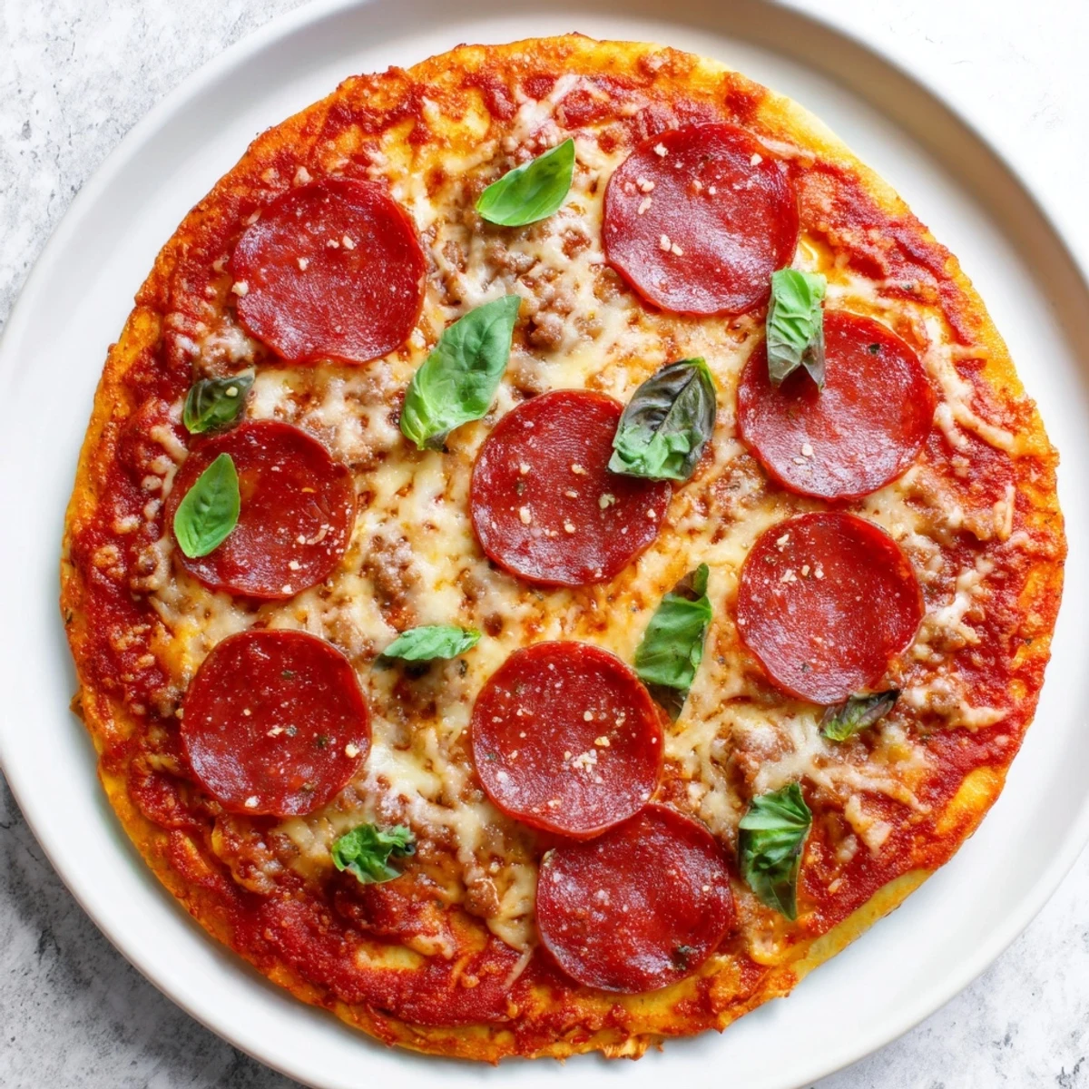 Golden, bubbly Ground Beef Pizza Base, topped with melted mozzarella and savory pepperoni slices.