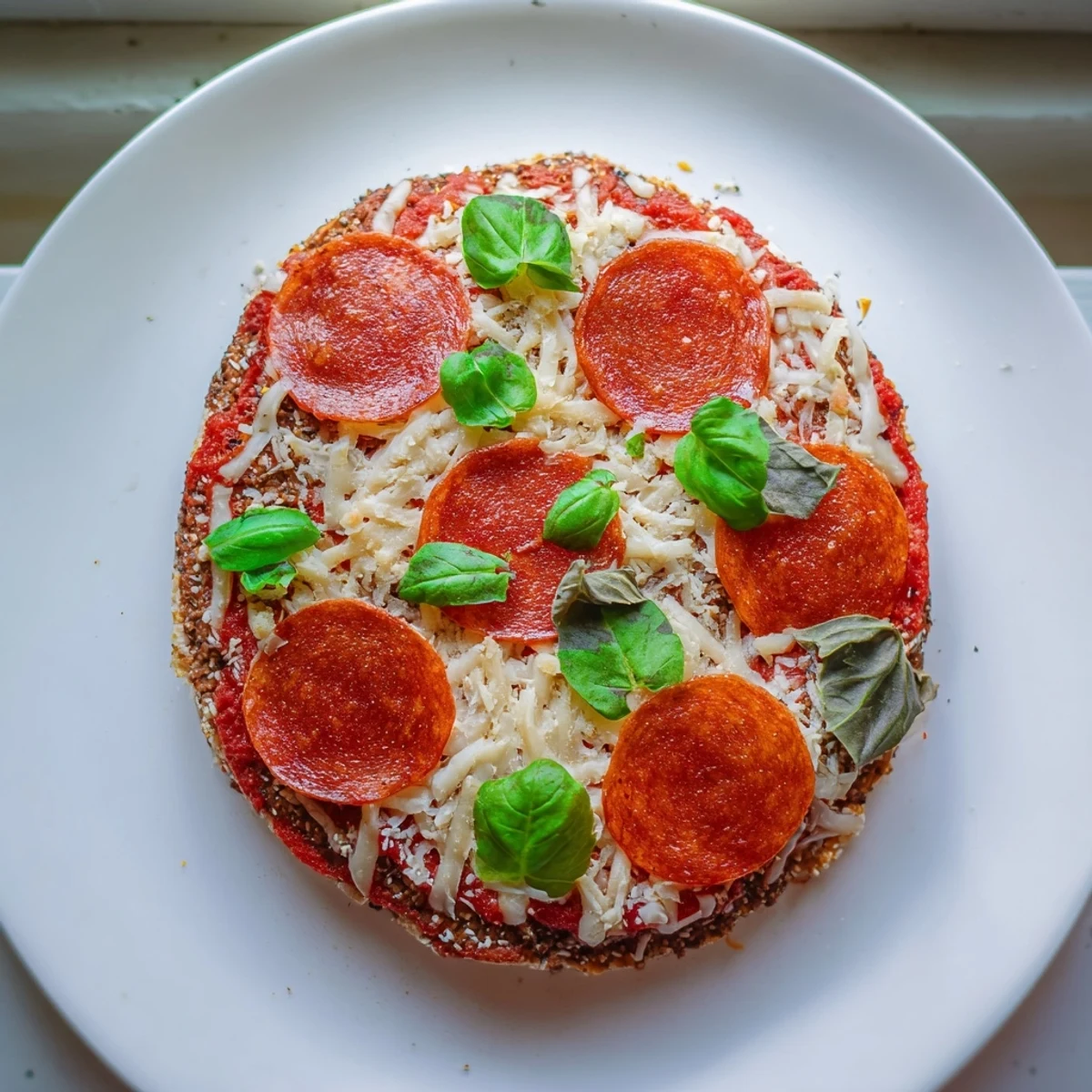 A hearty, flavorful Ground Beef Pizza Base, baked until crisp, and ready to serve with fresh basil.