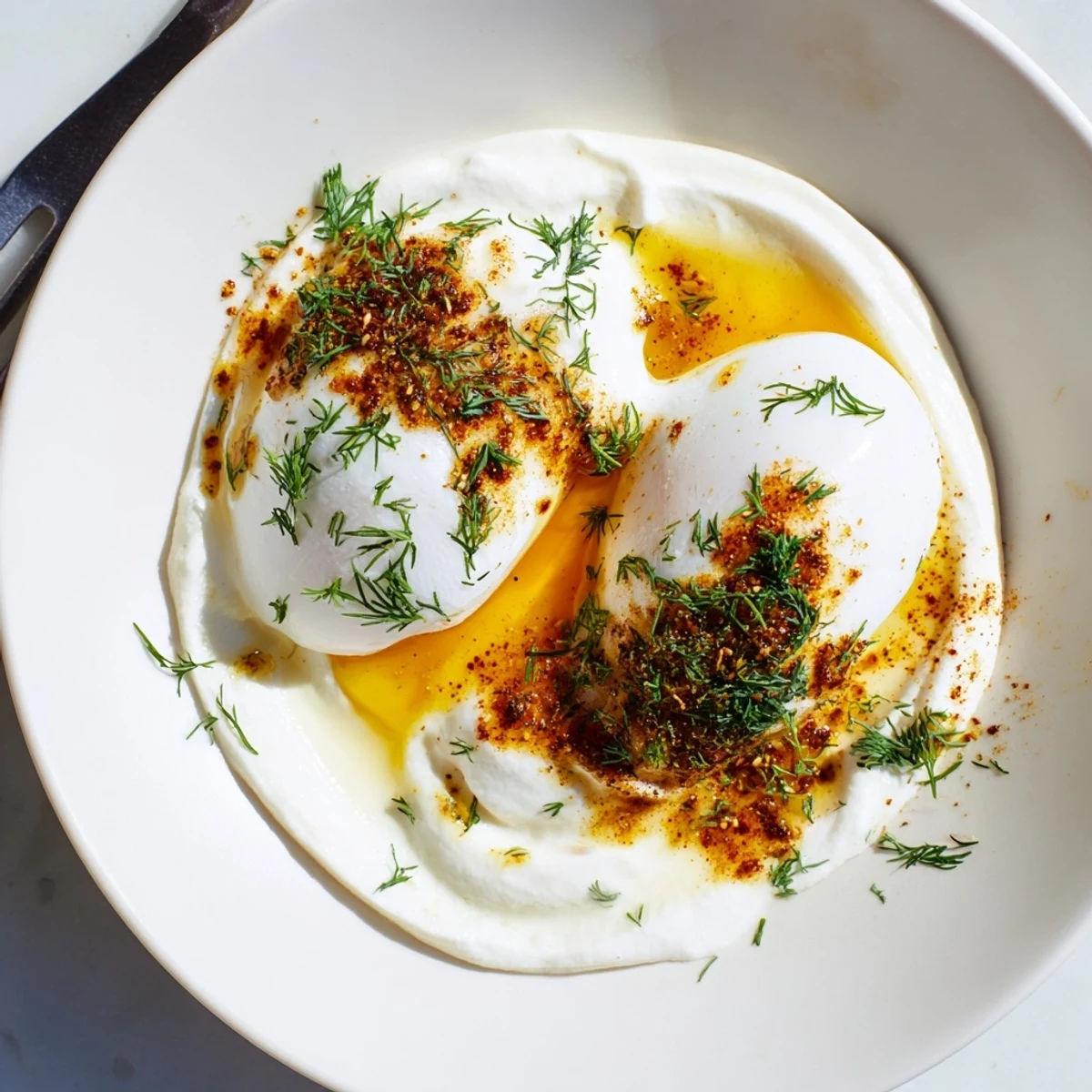 Silky poached eggs drenched in spiced brown butter atop creamy yogurt, a vibrant Cilbir dish.