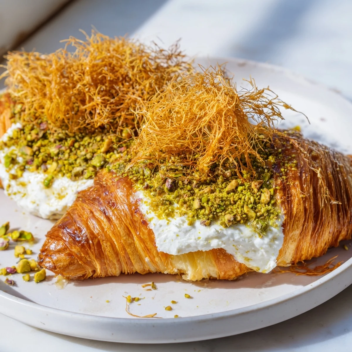 Golden, flaky layers of pistachio cream croissants, a delightful French pastry for brunch.