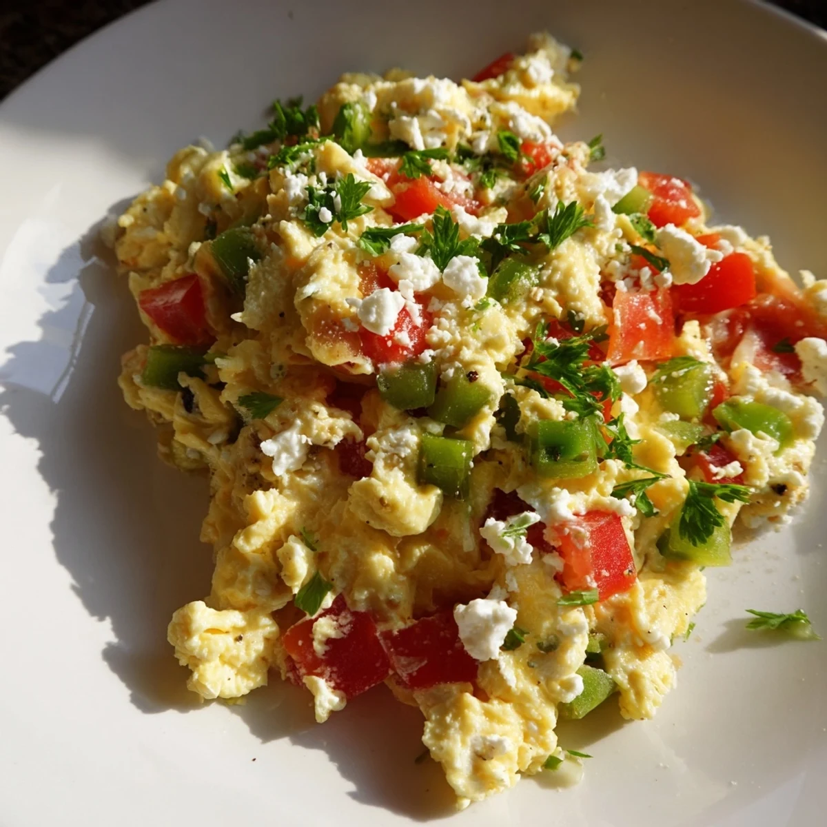 Golden Turkish Menemen scramble, fluffy eggs mixed with vibrant tomatoes and peppers, perfect for brunch.