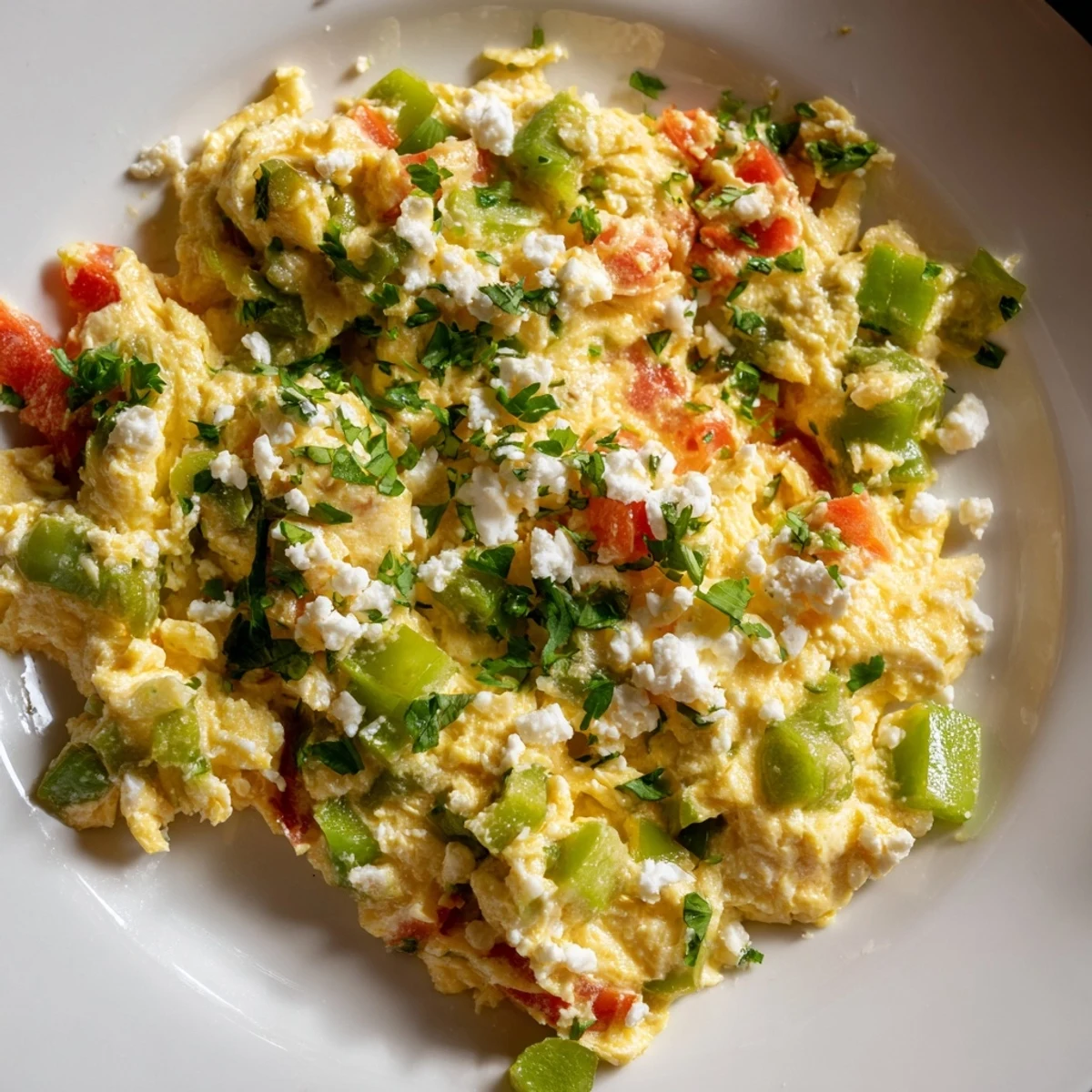 A flavorful serving of Turkish Menemen, a colorful, savory egg dish, ready to dip bread in.