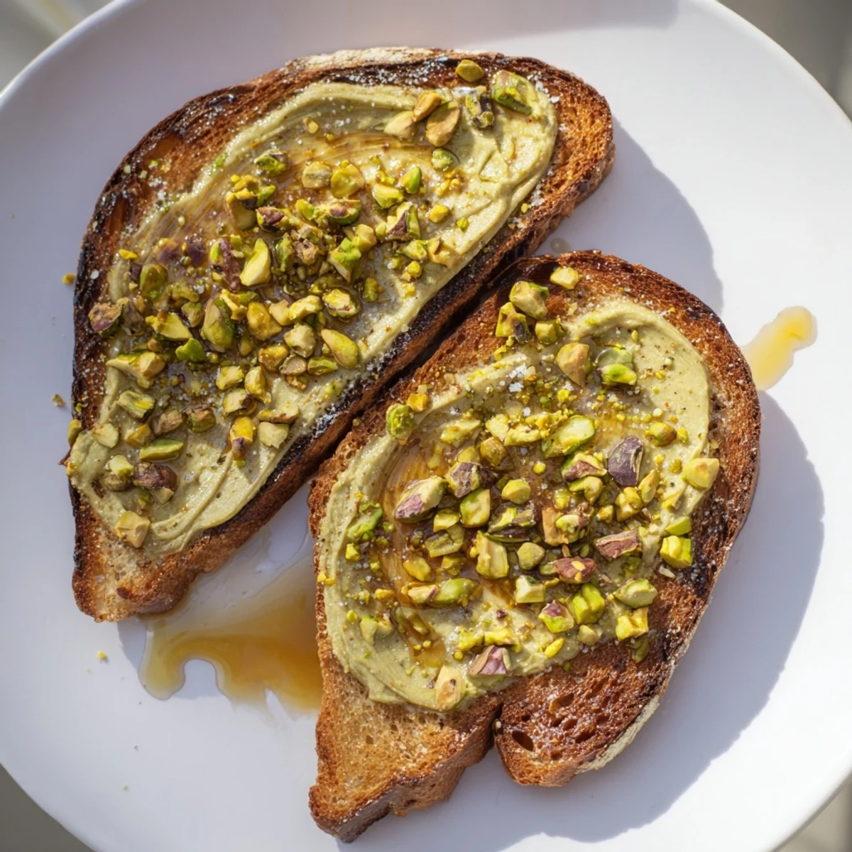 Golden-brown Pistachio Butter Toast topped with glistening honey and crunchy pistachios, ready to eat.