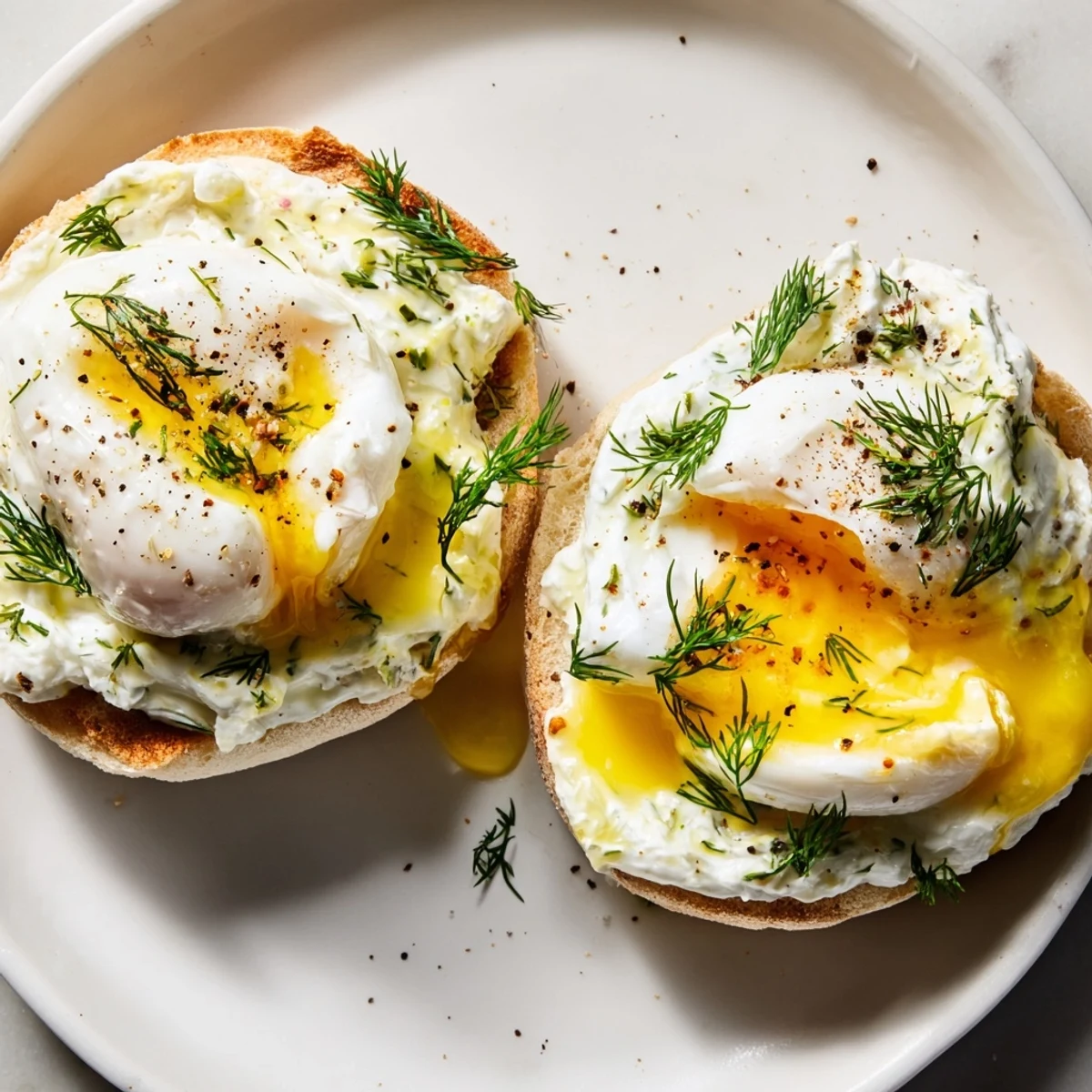 Golden poached eggs atop vibrant yogurt on a plate of Çılbır Eggs Benedict, ready for brunch.
