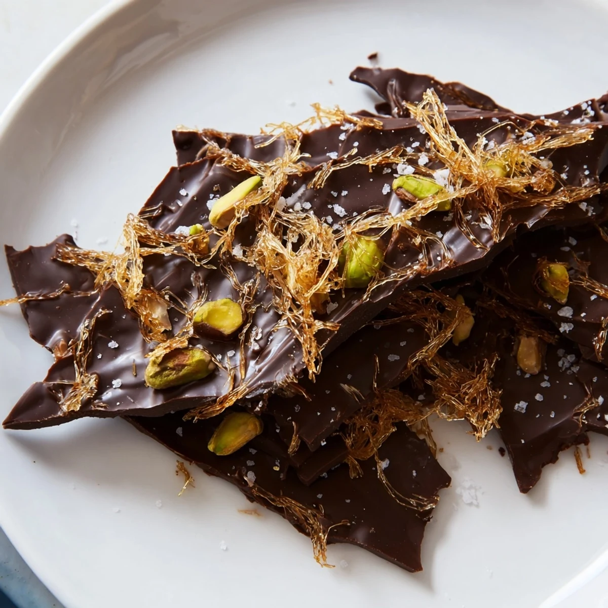 Close-up of the finished Kataifi Chocolate Crunch Bark, revealing a blend of textures, flavors, and ingredients.