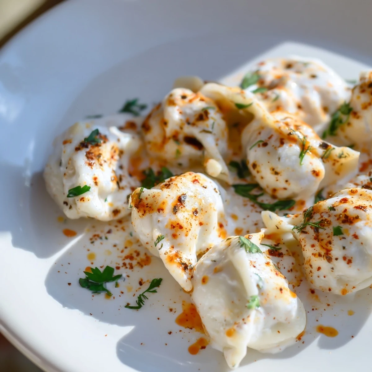 Enjoy a plate of flavorful Turkish cheesy manti, a comforting vegetarian main course.