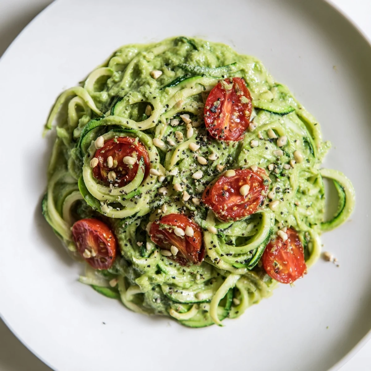 Creamy avocado pesto coats spiralized zucchini noodles, topped with halved cherry tomatoes for a bright, healthy dinner.