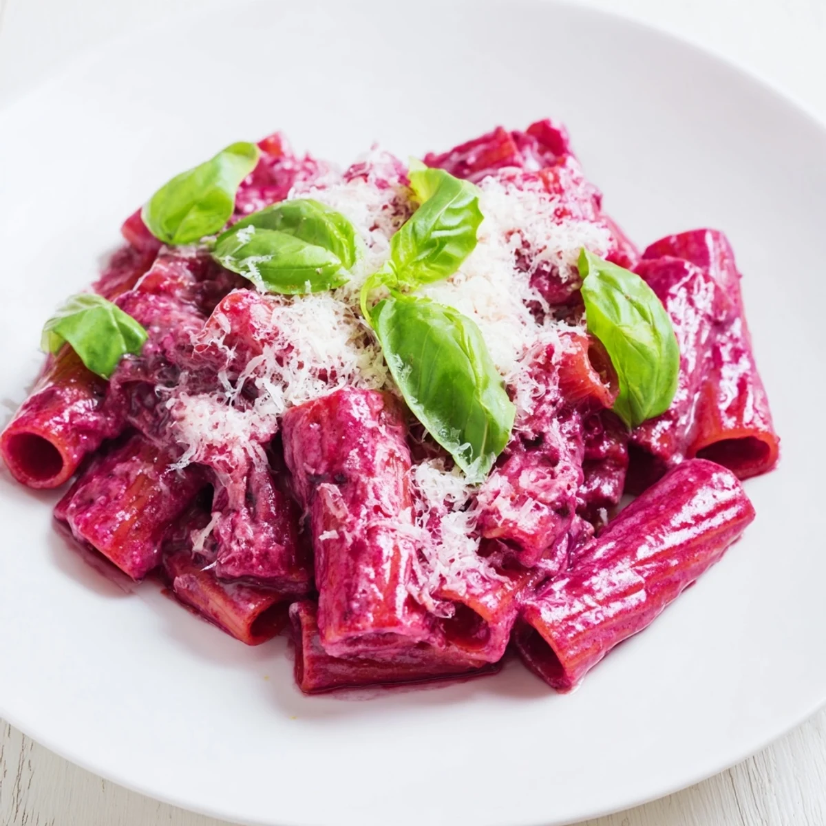 Fresh basil and grated Parmesan garnish this Pink Pasta with Beet Cream, served alongside a glass of white wine.