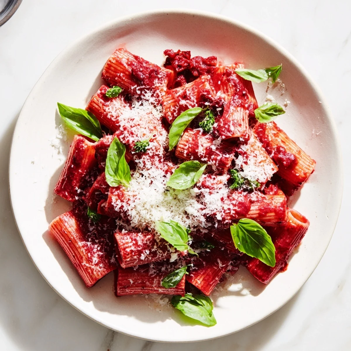 A close-up of Pink Pasta with Beet Cream in a white bowl, showing silky pink sauce coating penne pasta.