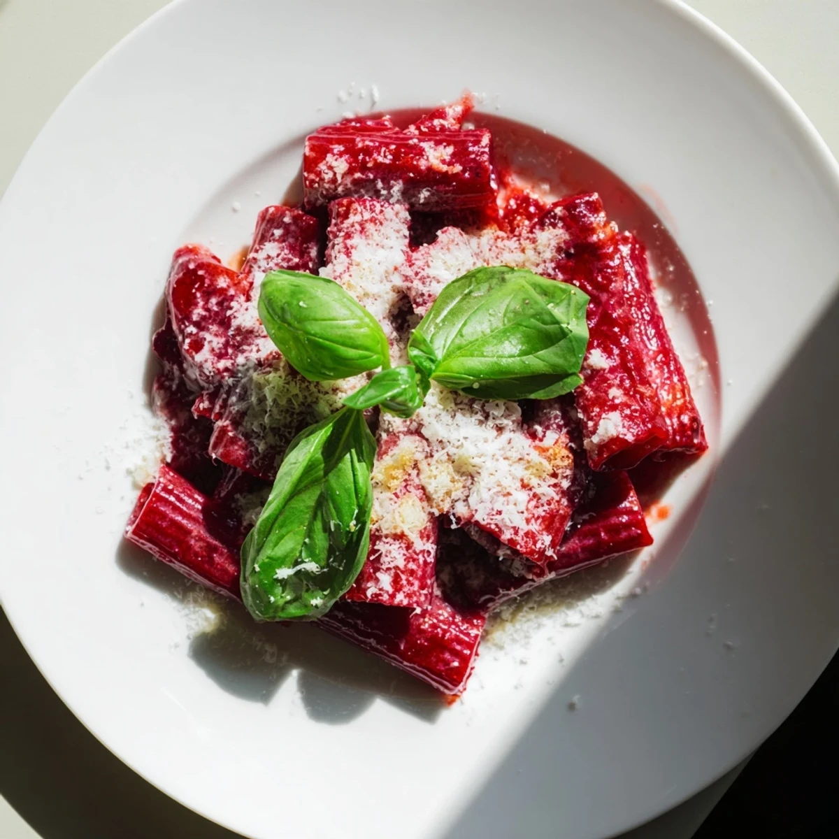 In a skillet, vibrant Pink Pasta with Beet Cream is tossed, with steam rising and extra Parmesan ready to serve.