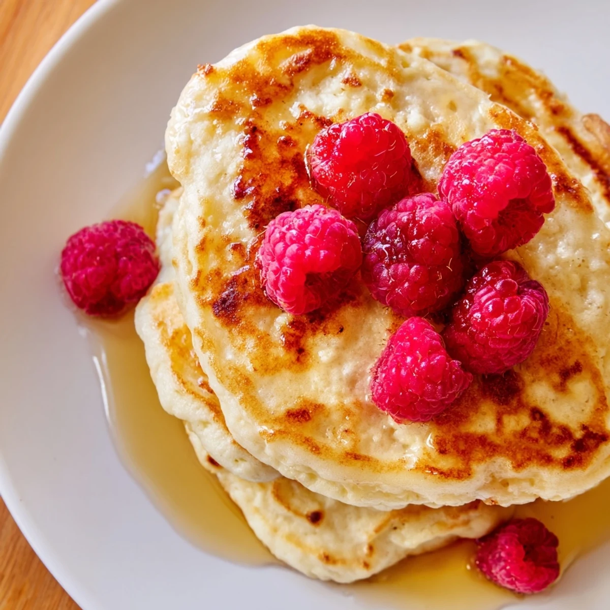 Fluffy Cottage Cheese Pancakes stacked high, golden brown from the griddle and topped with fresh berries and maple syrup.
