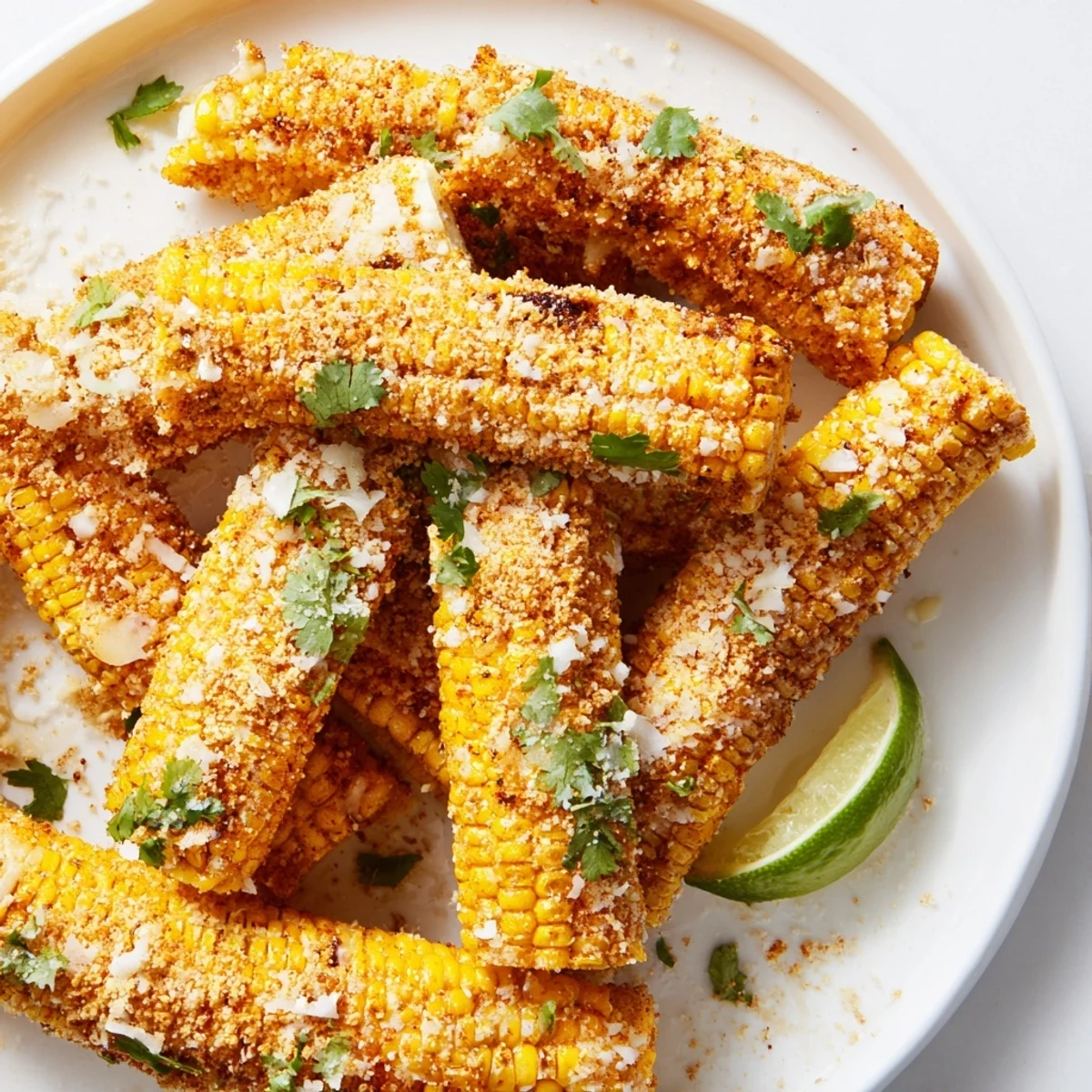 Freshly roasted Cheesy Corn Ribs with crispy edges, smoky spices, and a generous topping of bubbly cheese and fresh cilantro.  