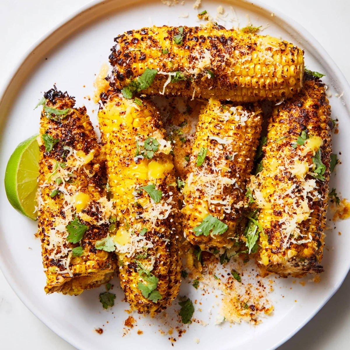 A close-up of tender Cheesy Corn Ribs, drizzled with lime juice and topped with vibrant cilantro, served as a delicious appetizer.