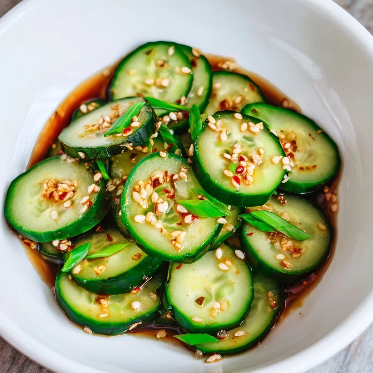 Shake Shake Garlic Cucumbers in a glass jar, showcasing crisp rounds dressed in a soy-sesame sauce with chili flakes.