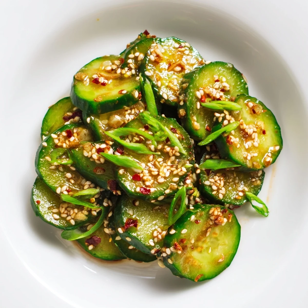 A vibrant bowl of Shake Shake Garlic Cucumbers garnished with green onions and sesame seeds, ready for a quick side dish.