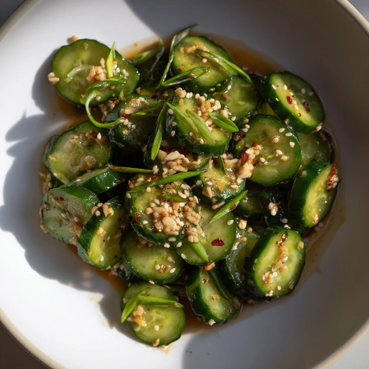 Close-up on marinated Shake Shake Garlic Cucumbers, highlighting glossy sesame oil sheen and fresh minced garlic for bold flavor.